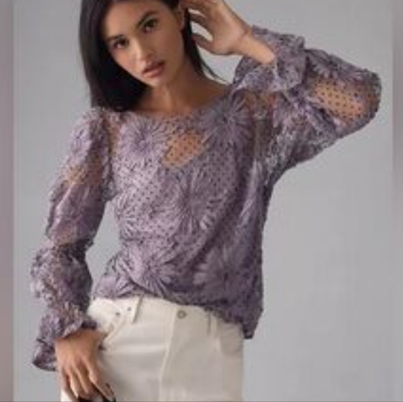 Eva Franco Purple Floral Lace Blouse Ruffle Long Puff Sleeves Small - Picture 1 of 9
